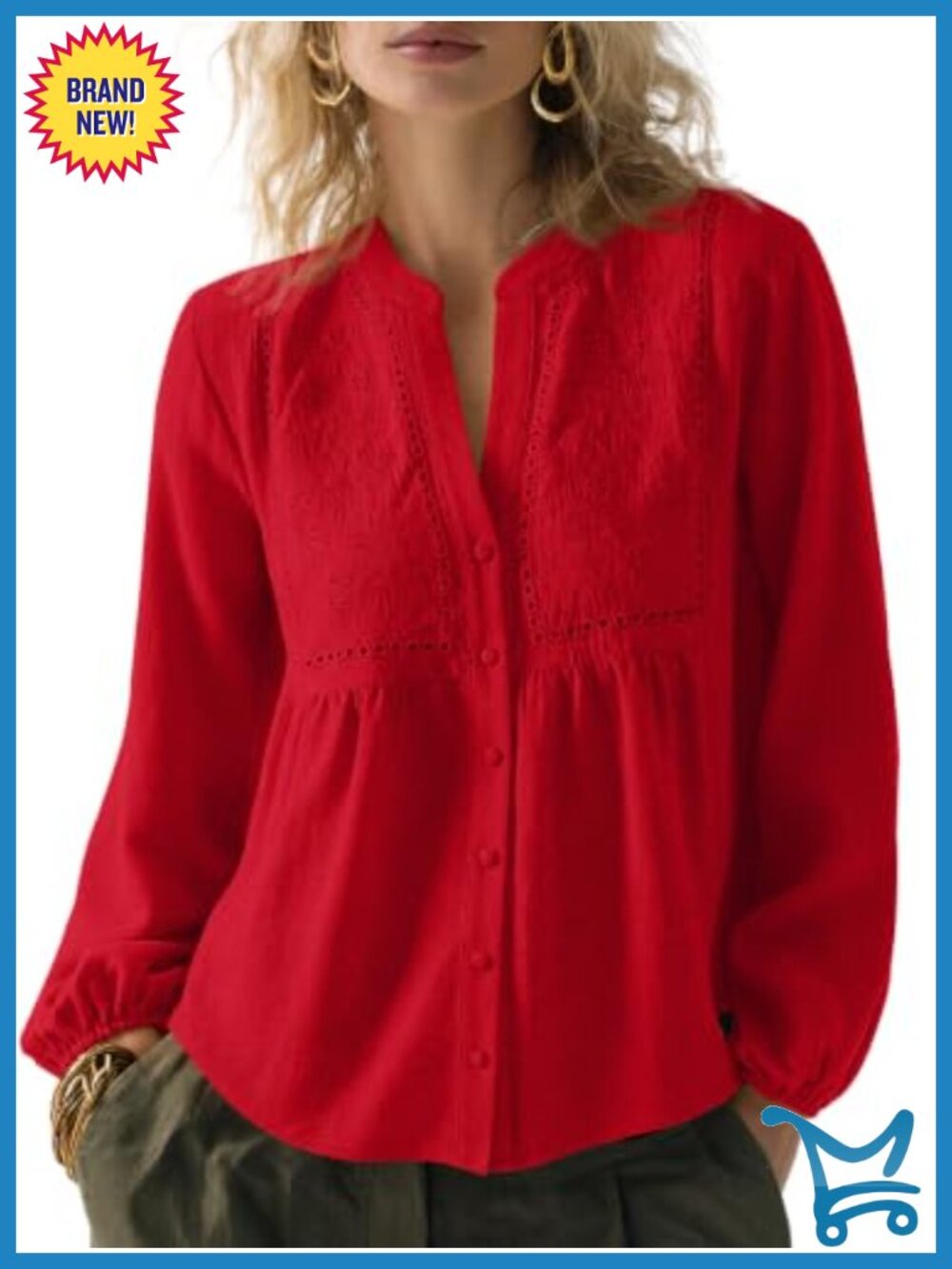 Women Flowy Boho Button Down Blouse Long Sleeve Embroidered Top